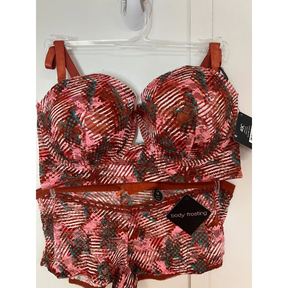 Body Frosting 2pc Longline Bra and Panty Set Multicolor Lace 40C 1X BR-34247X